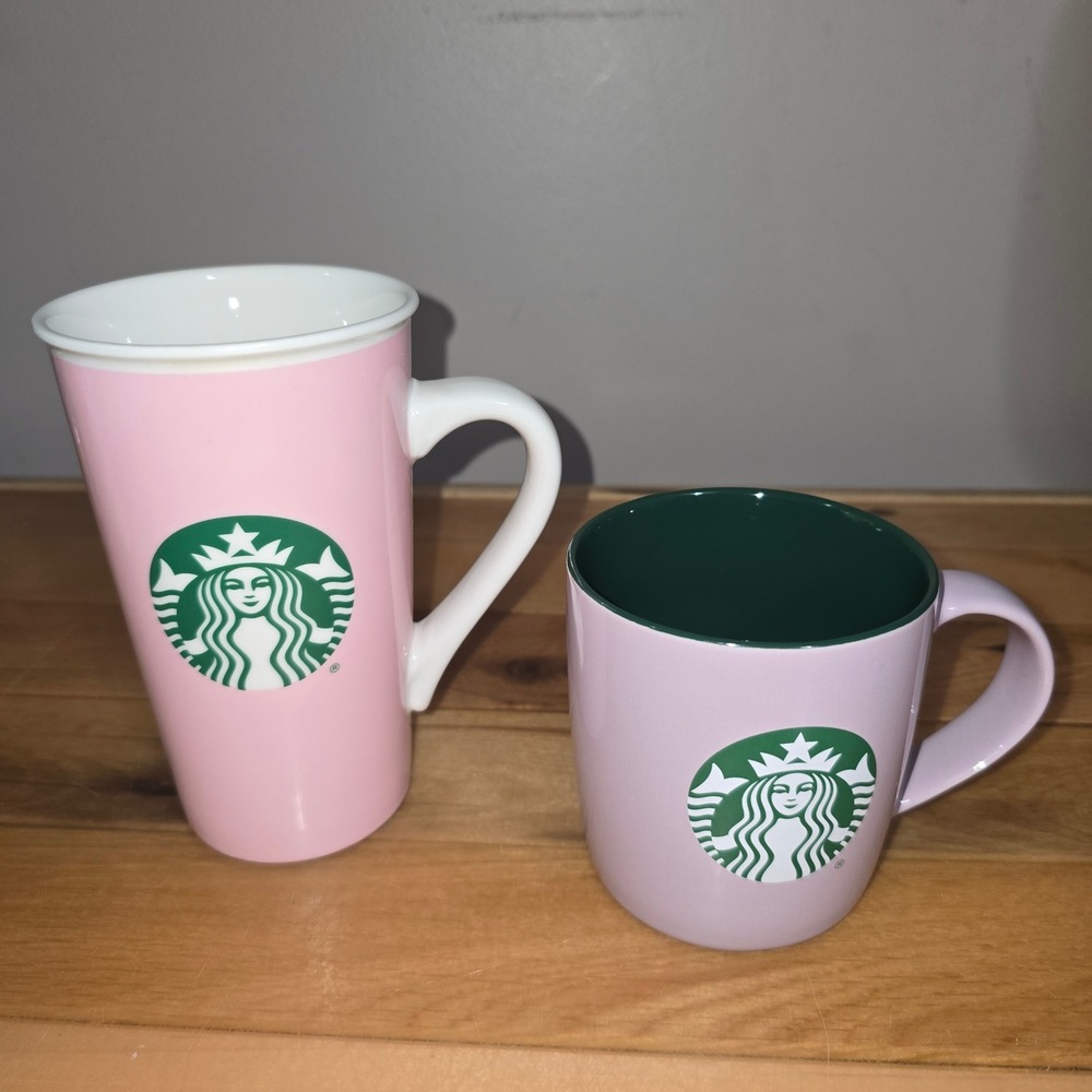 Starbucks Pink Lavender Coffee Mug Set 16oz Latte 11oz Green Interior 2 Piece